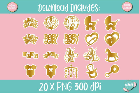 Gold Baby Shower Stickers Bundle Printable Stickers Sublimation OyoyStudioDigitals 
