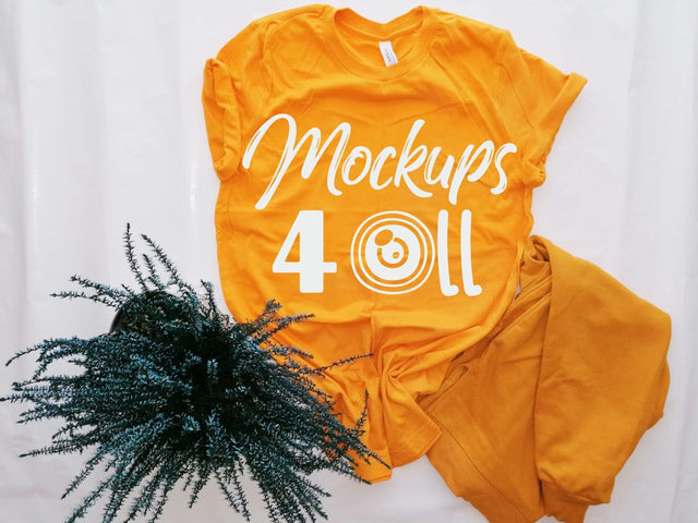 Gold Bella Canvas 3001, Fall colors, Flowers, Autumn, Flat Lay Mockup, Mock up Product, Digital Mockups Mock Up Photo ArtStudio 