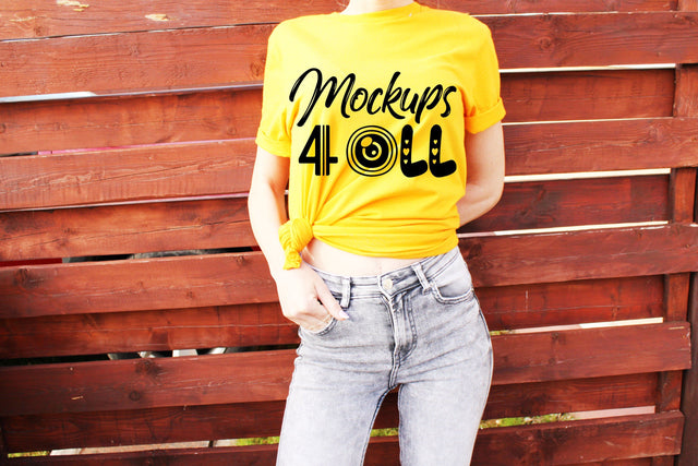 Gold Bella Canvas 3001 Mockup, Stylish Women’s Mockup,Jeans,Outside,Bella Canvas Model Mockup, Black Tshirt Model, Outdoors Photo Mock Up Mock Up Photo ArtStudio 