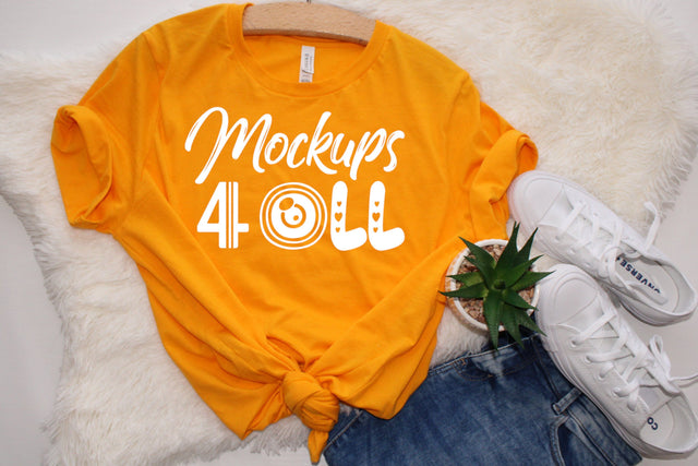 Gold Bella Canvas 3001 T-Shirt Mockup • Lifestyle Mockup Shirt • Real Photo Mockup • Flat Lay Tshirt Mockup Mock Up Photo ArtStudio 