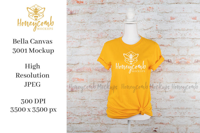 Gold Bella Canvas 3001 T-Shirt Mockup, Women's T-Shirt Mockup Mock Up Photo Honeycomb Mockups 
