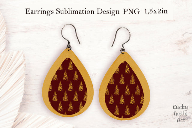 Gold Christmas trees teardrop earrings sublimation design Sublimation LuckyTurtleArt 