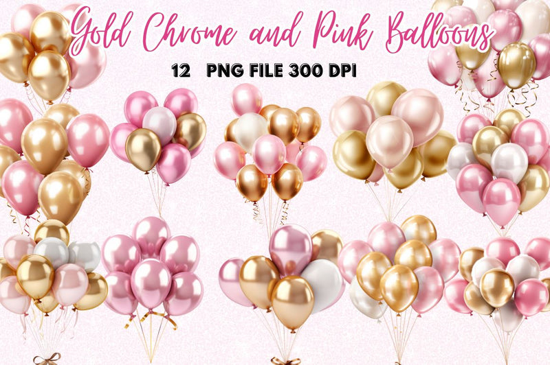 Gold Chrome and Pink Balloons Clipart Sublimation Regulrcrative 