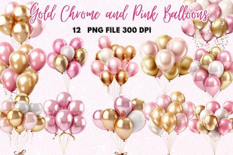 Gold Chrome and Pink Balloons Clipart Sublimation Regulrcrative 