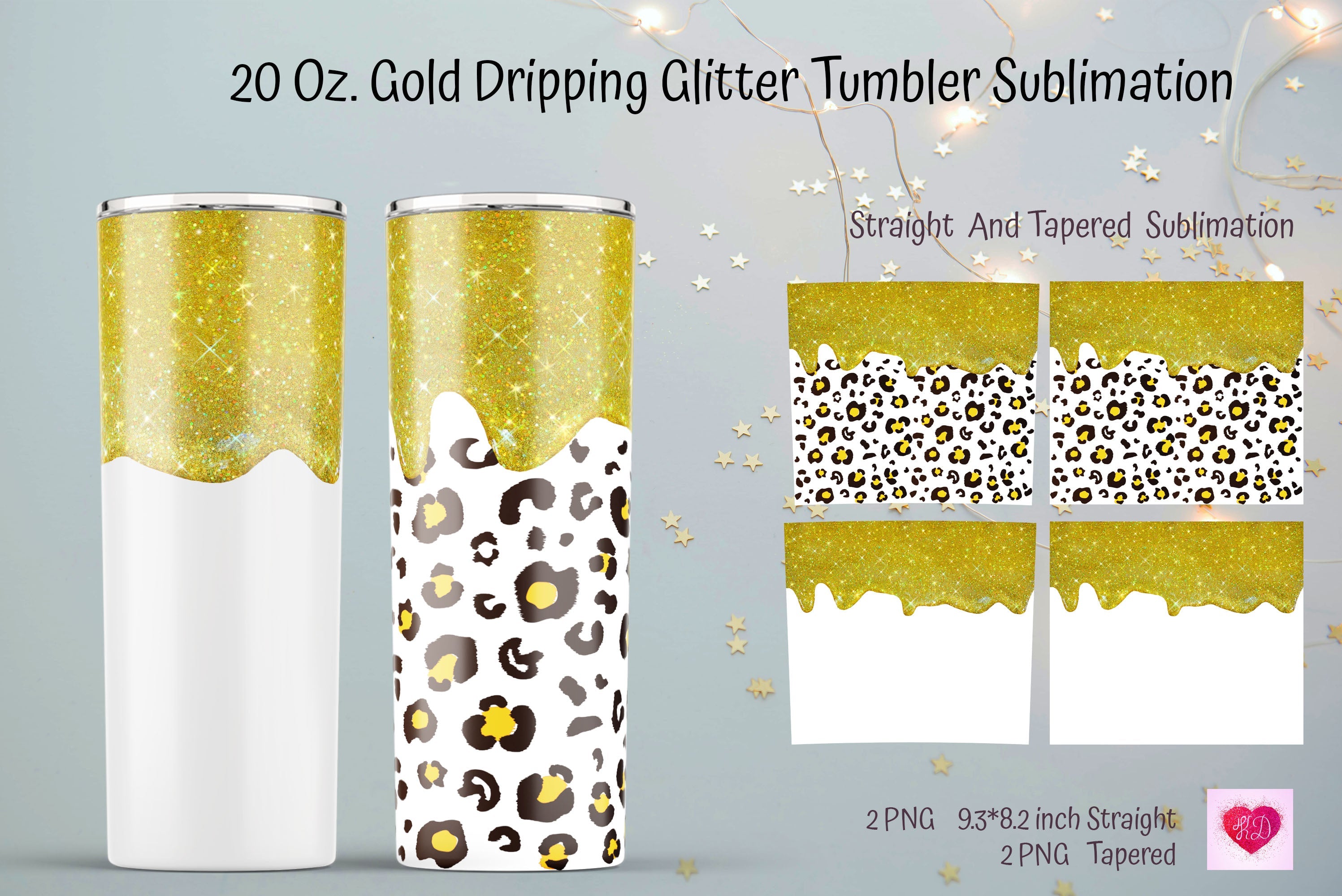 Gold Dripping Glitter Sublimation 20 OZ Skinny Tumbler Design. Leopard Print  - So Fontsy