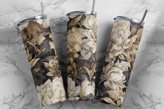 Gold Floral Tumbler, Black And Gold Foil Print Tumbler, 3D Mural Tumbler, 20 oz Skinny Tumbler Sublimation, Spring Tumbler, Digital Download Sublimation Syre Digital Creations 