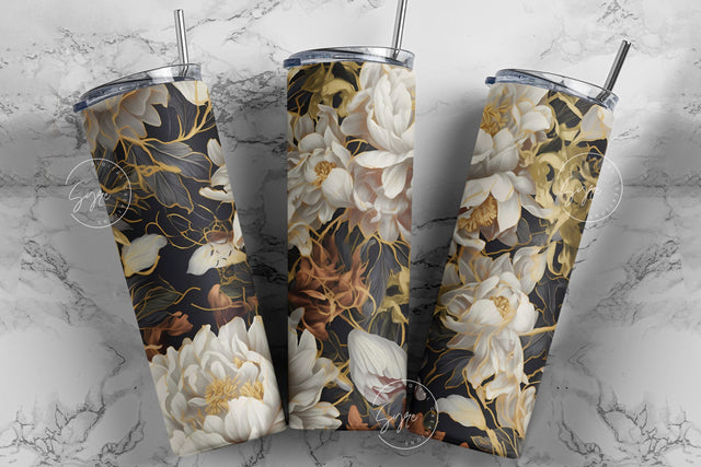 Gold Floral Tumbler, Black And Gold Foil Print Tumbler, 3D Mural Tumbler, 20 oz Skinny Tumbler Sublimation, Spring Tumbler, Digital Download Sublimation Syre Digital Creations 