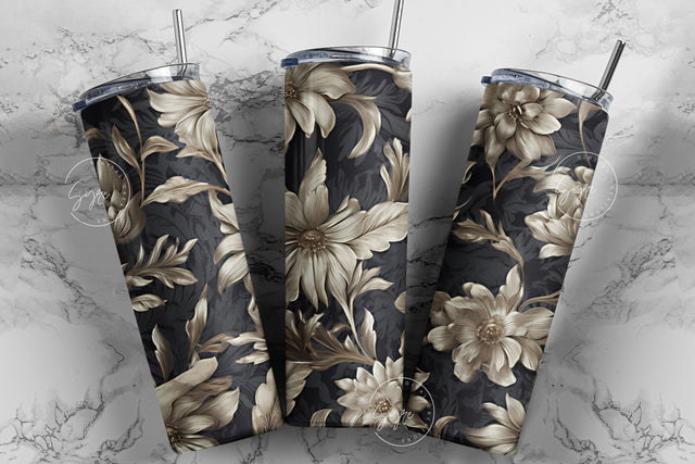 Gold Floral Tumbler, Black And Gold Foil Print Tumbler, 3D Mural Tumbler, 20 oz Skinny Tumbler Sublimation, Spring Tumbler, Digital Download Sublimation Syre Digital Creations 