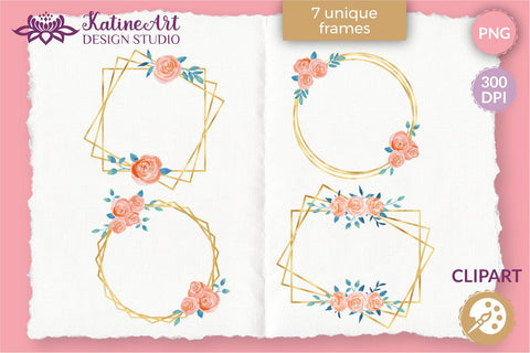 Gold geometric floral frames set, Watercolor flowers peach and navy blue Sublimation KatineArt 