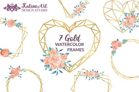 Gold geometric floral frames set, Watercolor flowers peach and navy blue Sublimation KatineArt 