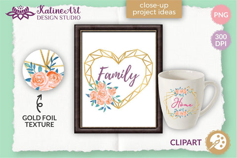 Gold geometric floral frames set, Watercolor flowers peach and navy blue Sublimation KatineArt 
