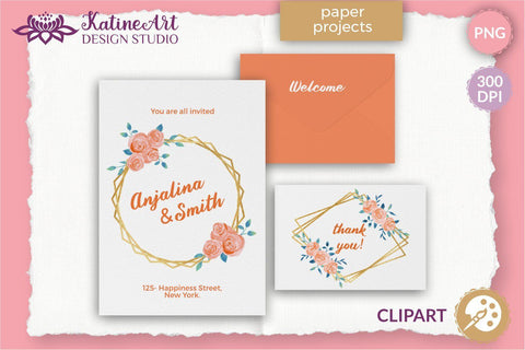 Gold geometric floral frames set, Watercolor flowers peach and navy blue Sublimation KatineArt 