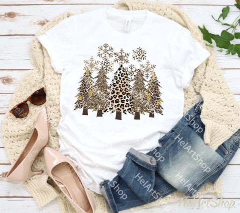 Gold Glitter Christmas Trees Png, Leopard Print Png Sublimation _HelArtShop_ 