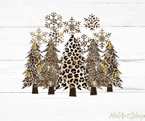 Gold Glitter Christmas Trees Png, Leopard Print Png Sublimation _HelArtShop_ 