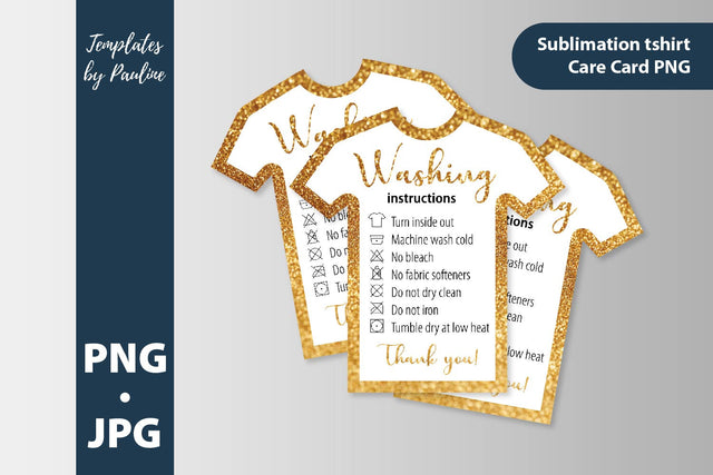 Gold glitter t-shirt washing instructions card. Shirt care card PNG SVG Templates by Pauline 