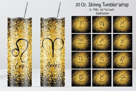 Gold Glitter Zodiac Straight Tumbler Wrap Sublimation Kseniia designer 