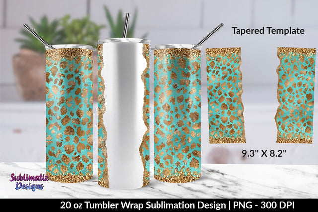 Gold Leopard Turquoise Background 20oz Skinny Tumbler Wrap Sublimation Design Sublimation Sublimatiz Designs 