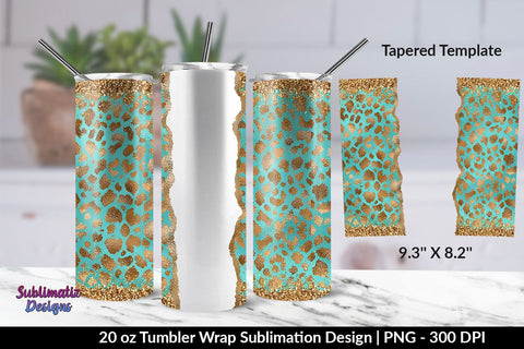 Gold Leopard Turquoise Background 20oz Skinny Tumbler Wrap Sublimation Design Sublimation Sublimatiz Designs 