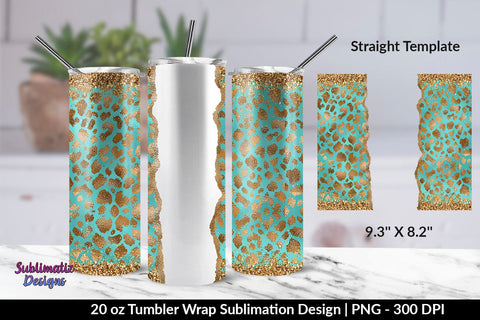 Gold Leopard Turquoise Background 20oz Skinny Tumbler Wrap Sublimation Design Sublimation Sublimatiz Designs 