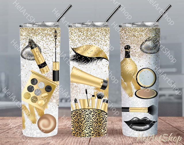 Gold Makeup Tumbler PNG | Cosmetics Tumbler Sublimation Sublimation _HelArtShop_ 