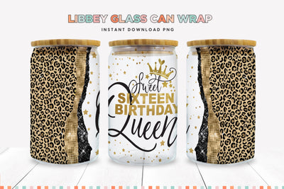 Gold Sweet 16 Birthday Libbey Glass Can Sublimation PNG Sublimation BijouBay 