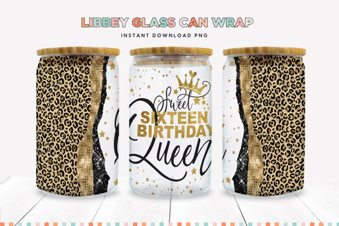 Gold Sweet 16 Birthday Libbey Glass Can Sublimation PNG Sublimation BijouBay 