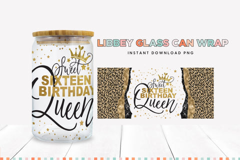 Gold Sweet 16 Birthday Libbey Glass Can Sublimation PNG Sublimation BijouBay 