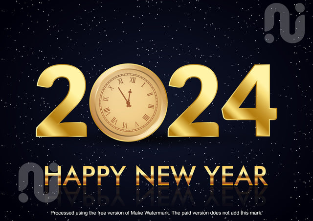 Golden Happy New Year 2024 logo with clock face and burst glitter sparkles on black background SVG naemmiah021 