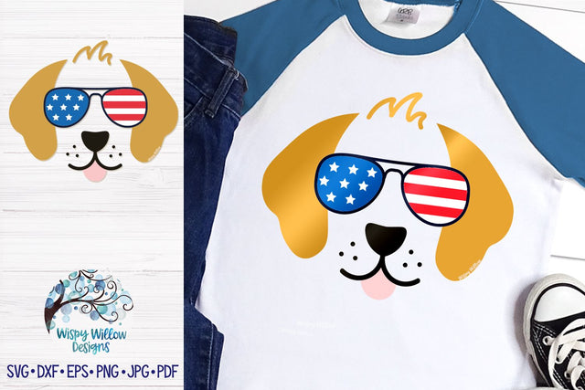 Golden Retriever Dog with American Flag Sunglasses SVG SVG Wispy Willow Designs 