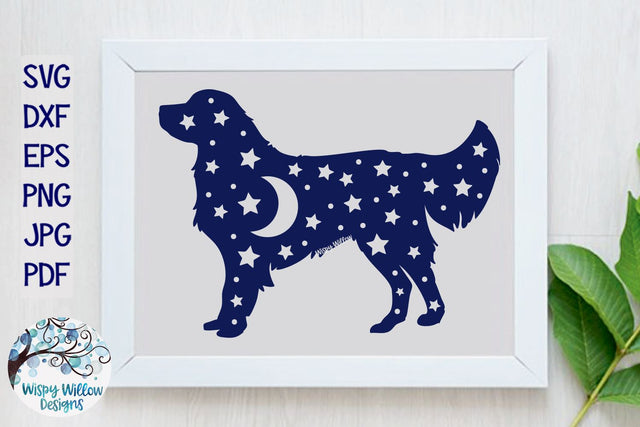 Golden Retriever Dog with Moon and Stars SVG SVG Wispy Willow Designs 