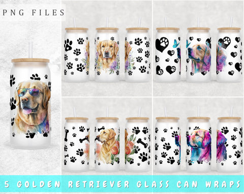 Golden Retriever Libbey Glass Can Wraps, 16 Oz Glass Can Sublimation Designs, Golden Retriever Glass Can PNG Files, Goldie Glass Can Wraps Sublimation HappyDesignStudio 