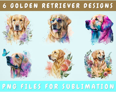 Golden Retriever Sublimation Designs Bundle, 6 Designs, Golden Retriever PNG Files, Golden Retriever In Sunglasses PNG, Golden Retriever Clipart Sublimation HappyDesignStudio 