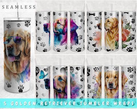 Golden Retriever Tumbler Wraps Bundle, 20 Oz Skinny Tumbler Golden Retriever Sublimation Designs, Seamless Goldie PNG, 5 Designs Sublimation HappyDesignStudio 