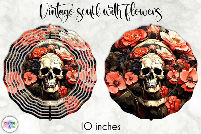 Golden Skull with Red Flowers Wind Spinner Sublimation Sublimation Designs by Ira 