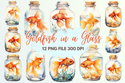 Goldfish in a Glass Bottle Watercolor Bundle Sublimation Regulrcrative 