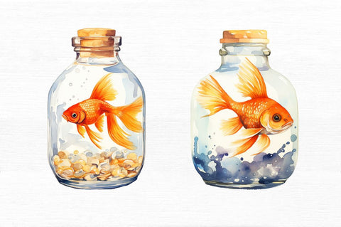 Goldfish in a Glass Bottle Watercolor Bundle Sublimation Regulrcrative 