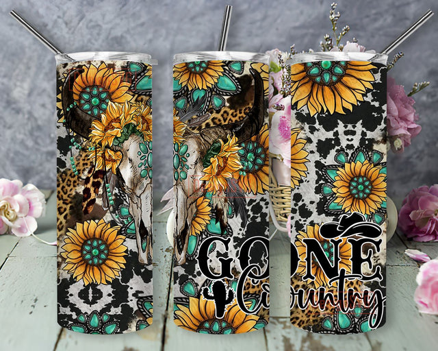 Gone Country 20oz Sublimation Tumbler Designs, Bull Skull 9.2 x 8.3” Tumbler Png, Digital Download Sublimation DesignSVG 