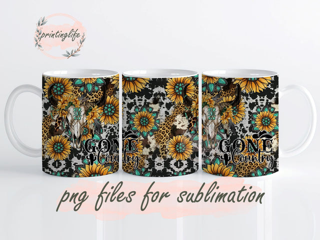 Gone Country Mug Sublimation Designs, Bull Skull Mug Png, Digital Download Sublimation PrintingLife 