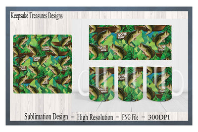 Gone Fishing 11oz Mug Wrap and Coaster Template, Gifts For Dad, Fisherman Lovers, PNG for Sublimation Design, Sublimation Keepsake Treasures Designs LLC. 