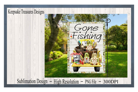 Gone Fishing, Gnome Garden Flag Template, PNG for Sublimation, Sublimation Printable Sublimation Keepsake Treasures Designs LLC. 