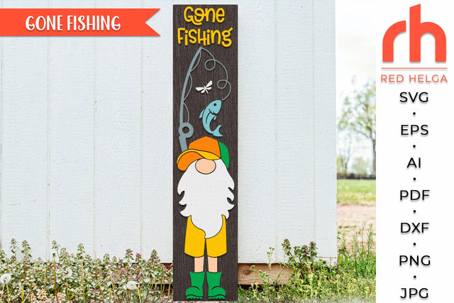 Gone Fishing SVG, Porch Board Cut File, Gnome with Fishing Rod DXF, Layered Summer Sign SVG RedHelgaArt 