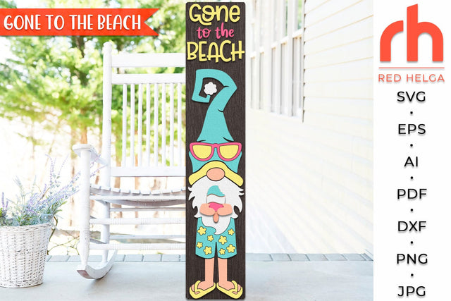 Gone To The Beach SVG, Porch Board Cut File, Gnome with Ice Cream Silhouette, Layered Welcome Sign DXF SVG RedHelgaArt 