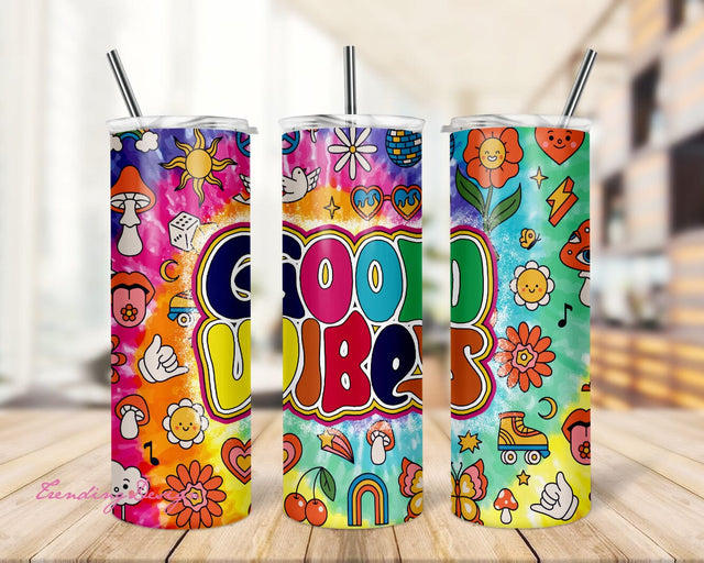 Good Vibes Hippie Daisy Peace Sign Retro 20 oz Skinny Tumbler Wrap Sublimation Straight/Tapered , Hippy Tumbler Wrap PNG Sublimation TrendingDesign 