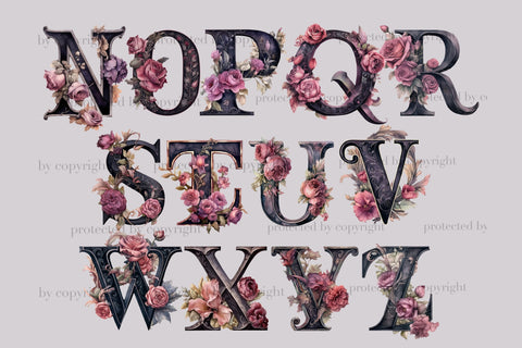 Gothic Flowers Alphabet | Watercolor Floral Clip Art Bundle SVG GlamArtZhanna 