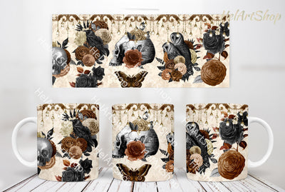 Gothic Mug PNG | Floral Skull Mug Wrap Sublimation _HelArtShop_ 