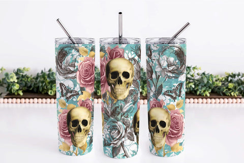 Gothic Skinny Tumbler Design Halloween Wrap Floral Skull Sublimation OrangeBrushStudio 