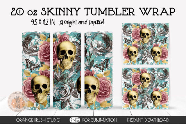 Gothic Skinny Tumbler Design Halloween Wrap Floral Skull Sublimation OrangeBrushStudio 