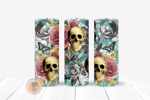 Gothic Skinny Tumbler Design Halloween Wrap Floral Skull Sublimation OrangeBrushStudio 