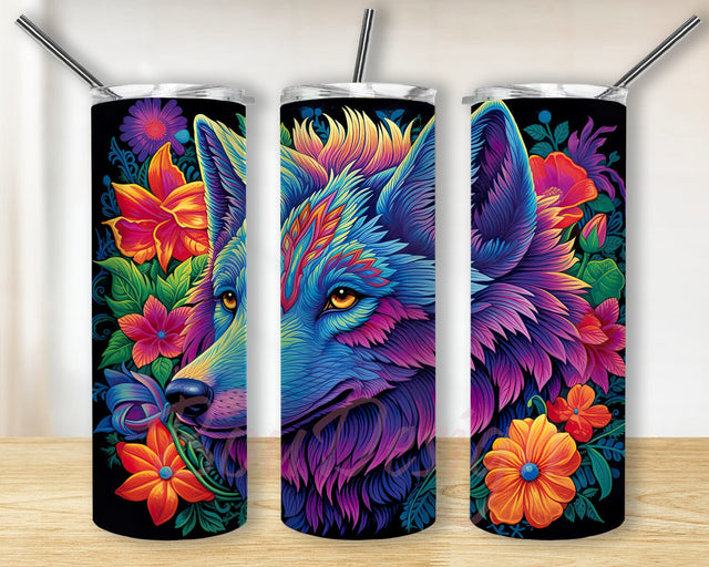 Graceful Wolf Flowers 20oz Skinny Tumbler Png, Wolf Flowers Tumbler, Cute Wolf Florals Tumbler, Animal Lover, Watercolor Wolf With Flowers Sublimation BouDesign 
