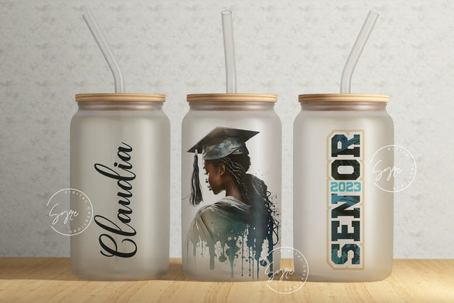 Graduation 2023 Tumbler, Add Your Text, 16oz Libbey Glass Can Tumbler Sublimation Design, Senior 2023, Watercolor Design, Afro Woman Tumbler Sublimation Syre Digital Creations 